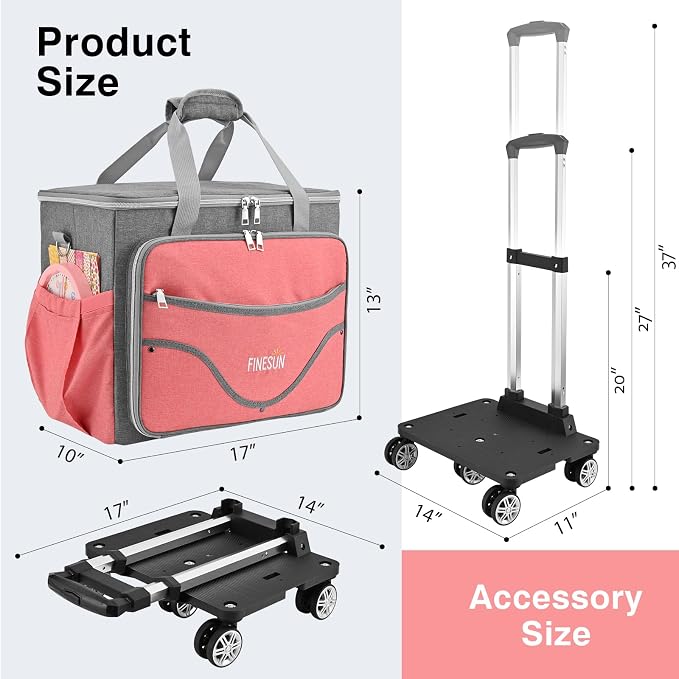 Rolling Teacher Tote Bag with Wheels, Heavy Duty Wheeled Craft Organizer Bag, Portable Art Scrapbook Storage Cart, Travel Office Carry Tote for Women Teachers Craft Supplies Storage Pink