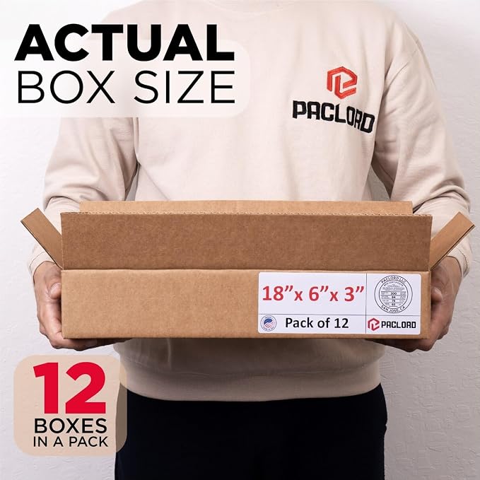 Flat Cardboard Boxes 18"L x 6"W x 3"H (Pack of 12) - USA-Made Packing Boxes for Moving, Shipping, or Storage - USPS, UPS, FedEx Approved - Professional Packing Supplies for Moving | USA-Made Packing Boxes for Moving, Shipping, or Storage - USPS, UPS, F...
