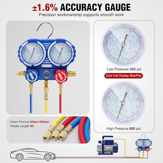 Nilight AC Vacuum Pump and Gauge Set, 3.5 CFM 1/4 HP 110V Single Stage HVAC Vacuum Pumps & Manifold Gauge Set Kit for R22 R404a R134a R410a, for Auto Air Conditioning Servicing Refrigerant Recharging