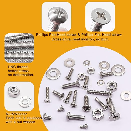 weideer 1605PCS Machine Screws Assortment Kit, 304 Stainless Steel Nuts and Bolts,Phillips Pan Head and Flat Head Screws with Nuts, Bolts,Washers,Organizer Box #4-40#6-32#8-32#10-24#1/4-20