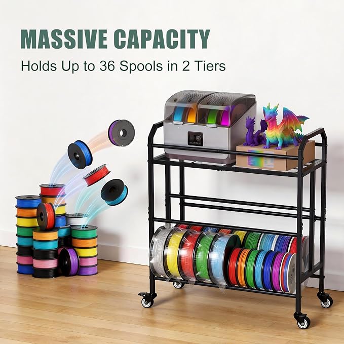 3D Printer Filament Storage Rack 3 Tiers Heavy Duty Metal Filament Spool Holder Holds 36 Spools Sturdy Rolling Filament Shelf with Wheels Easy Assembly Space-Saving for Home Office Workshop