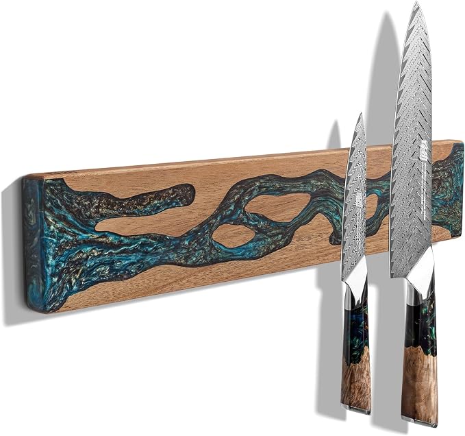 FINDKING Magnetic Knife Strip for Wall, Solid Acacia Wood with Mineral Blue Resin Inlay, Wall-Mounted Knife Holder with Strong Magnetic Hold, No-Drill Adhesive Mount (16 Inch)