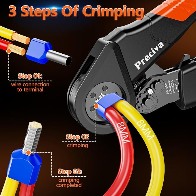 Preciva Ferrule Crimping Tool Kit - AWG 28-5 (0.08-16mm²) Hexagonal Ferrule Crimper with 950Pcs Single and 350Pcs Twin Ferrules Connectors, Self-Adjustable Ratchet Ferrule Terminals Crimping Tool