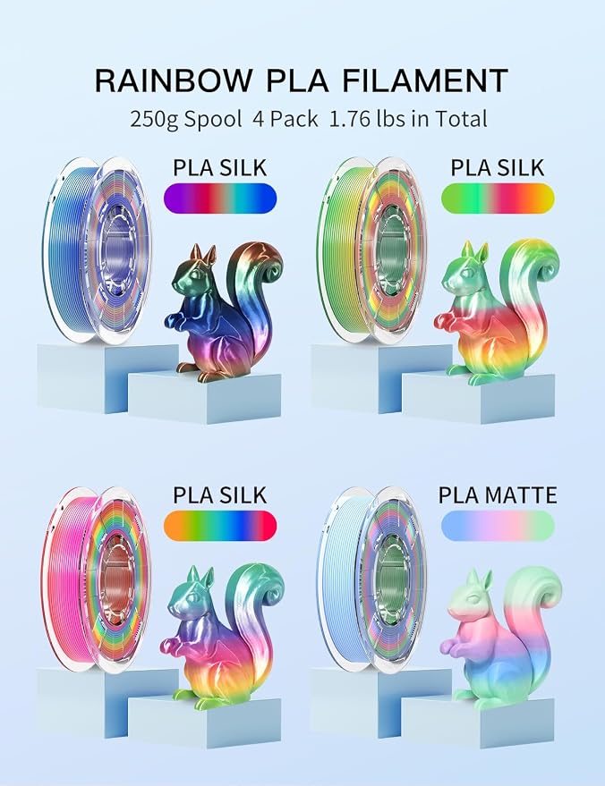 PINBALL Silk & Matte Rainbow PLA 3D Printer Filament 1.75mm, 250g*4 | Multicolor Filament, Shiny Fast Color Changing, Dimensional Accuracy +/- 0.02mm