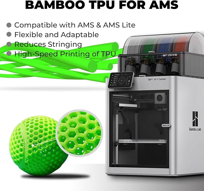 Bamboo TPU for AMS 3D Printer Filament, Multi-Color High-Speed Printing Soft Flexible Filament with RFID for Bambu Lab H2,A1,A1MINI,X1,P1 All Series AMS 1KG +/- 0.03mm (Black 53101)