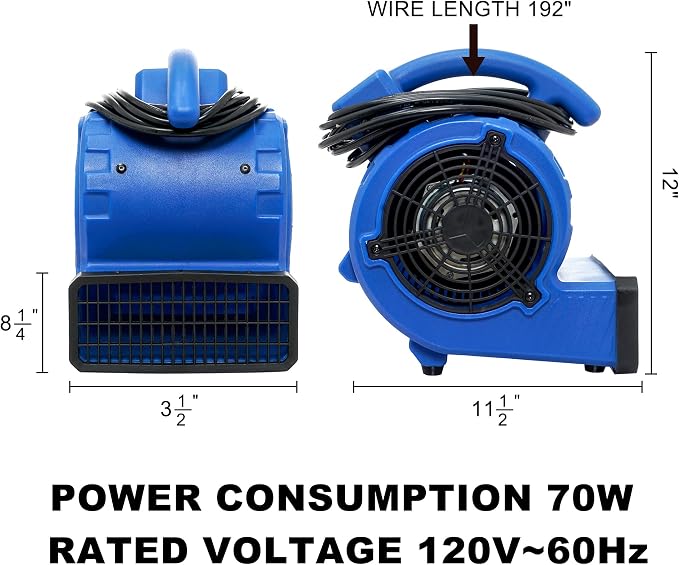 Simple Deluxe Blower Fan, 305 CFM Mini Floor Air Mover for Water Damage Restoration Carpet and Floors Dryer, Home and Plumbing Use, 16ft Power Cord, Blue