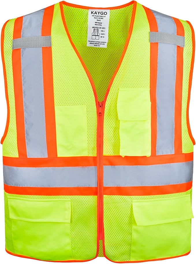 KAYGO Reflective High Vis Safety Vest with Pockets for Men and Women KG0100 | Breathable Polyester Lightweight, Two-Tone, ANSI Class 2, for Construction, Warehouse, Surveying, Cycling, Machine Washable