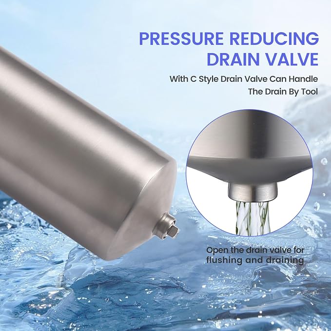 NSF/ANSI 42 Stainless Steel Whole House Water Filter Housing, 10" x 2.5" Sediment Water Filter System for Heavy Duty, Well & City Water, 1/2" NPT Port, Drain Valve Style C(Square Head)