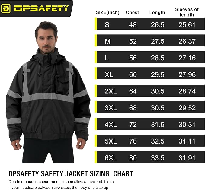 3 in 1 Safety jacket,Reflective high Visibility Hooded jacket,Hi Vis Bomber Jacket shell and fleece lining,Waterproof,ANSI Class 3 Black,Small
