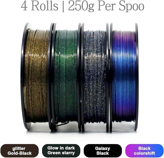 3D Printer Filament Galaxy PLA Filament 1.75mm, 3D Printing Filament Bundle, Multi Color PLA Filament Glitter 250g X 4 Color Pack