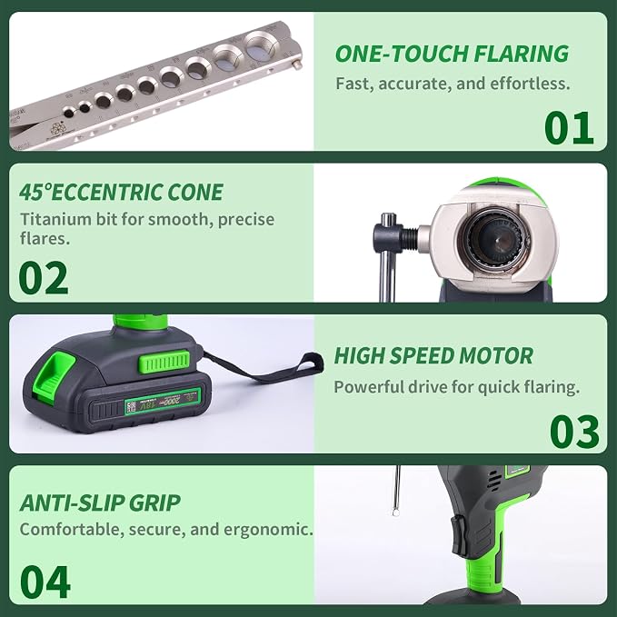Super Stars Cordless Electric Flaring Tool Kit, 1/4"–3/4" HVAC Copper Pipe Flare Tool with 45° Eccentric Cone, Metric & SAE Clamps, Deburring & Cutter Tools