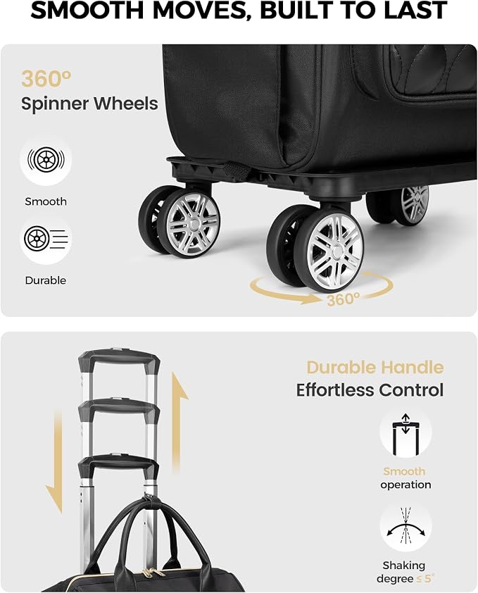 Ytonet Rolling Backpack for Women, 15.6 In Rolling Travel Backpack with 4 Spinner Wheels, Carry On Rolling Laptop Bag with Detachable Trolley, Stylish Wheeled Backpack for College Business Work, Black