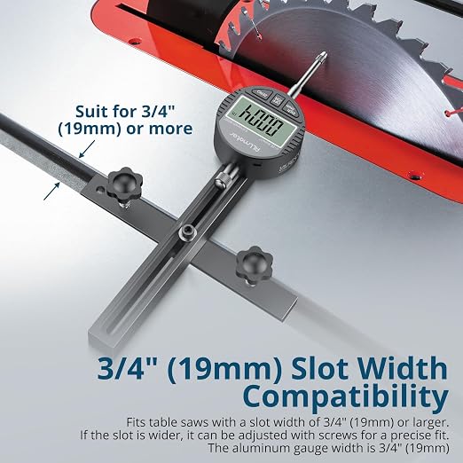 Digital Table Saw Gauge | Straight-Through Chute Design | 0.01mm Precision Dial Indicator | 3/4"(19mm) Aluminum Bar | for Blade/Fence/Arbor Alignment | Fits Saws with ≥3/4" Miter Slots