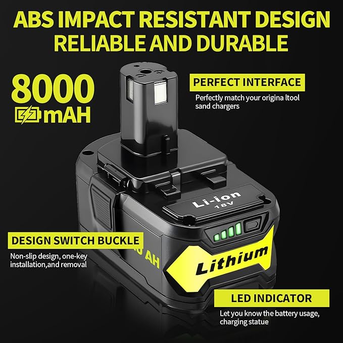 1 Pack 8.0Ah High Capacity Replacement for Ryobi 18v Battery P108 P104 P105 P102 P103 P122 P109 Li-ION Compatible with Ryobi 18V ONE+ System Cordless Power Tools and Charger