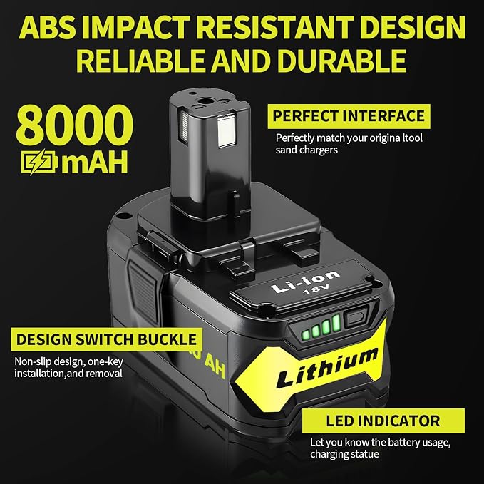 4 Pack 8.0Ah High Capacity Replacement for Ryobi 18v Battery P108 P104 P105 P102 P103 P122 P109 Li-ION Compatible with Ryobi 18V ONE+ System Cordless Power Tools and Charger