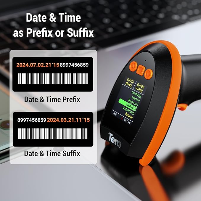Tera Barcode Scanner Wireless 2D with Stand: Pro Version Digital Setting Screen Keypad Works with Bluetooth 2.4G Wireless USB Wired Extra Fast Scanning Speed Handheld Bar Code Reader HW0009-Z