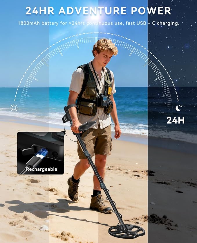 SUNPOW Professional Metal Detector for Adults Rechargeable - 6 Metal ID, IP68 Waterproof Coil, LCD Display, 5 Search Modes Metal Detector for Beach/River/Outdoor Treasure Hunting, OT-MD16
