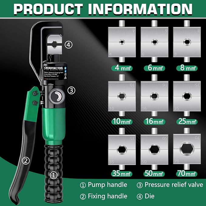 Hydraulic Crimping Tool Set with Cable Cutter, 10 Tons Battery Cable Crimper Tool with 12 AWG to 00 (2/0), Terminal Cable Wire Tool Kit with 9 Die (12awg~00awg Crimping Tool), Green