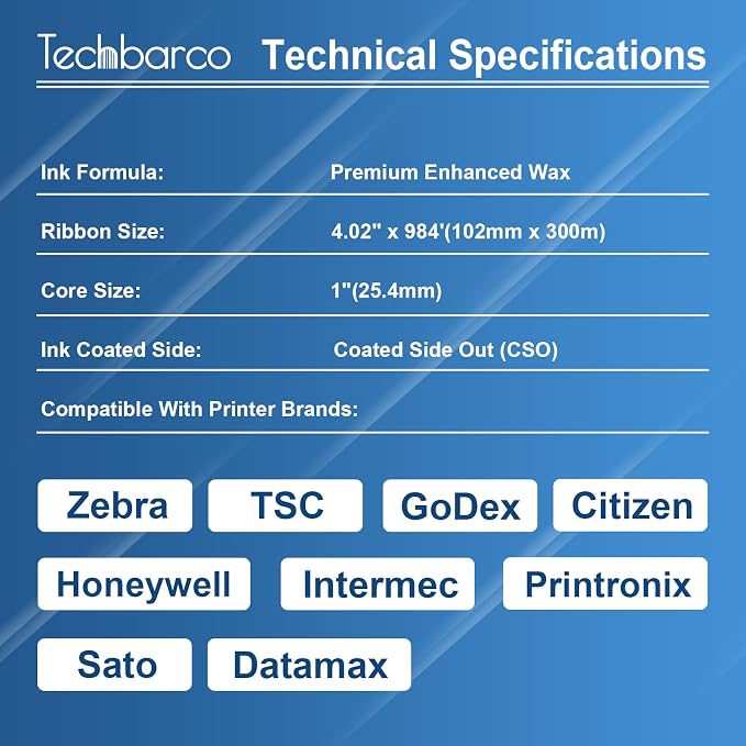 6 Rolls 4.02" x 984' Premium Enhanced Wax Thermal Transfer Ribbon, 102mm x 300m Black Industrial Barcode Label Printer Ribbon - Compatible with Zebra, TSC, GoDex, Citizen, 1" Core
