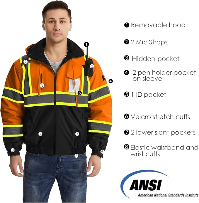 SKSAFETY High Visibility Reflective Jackets for Men, Waterproof Class 3 Safety Jacket with Pockets, Hi Vis Orange Coats with Black Bottom, Mens Work Construction Coats for Cold Weather, XL,Orange