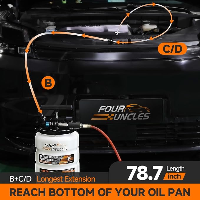 FOUR UNCLES Oil Extractor - Vacumm Fluid Extractor with Pump Tank Remover & Tubes for Oil Change and a Hose for Brake Bleeding