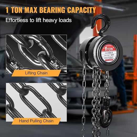 Hand Chain Hoist, 1 Ton/2200 lbs Capacity, Heavy Duty Steel Chain Fall Hoist with 10 Ft Lifting Height, Manual Chain Block Hoist with 2 Chain Hooks for Lifting in Transport & Workshop