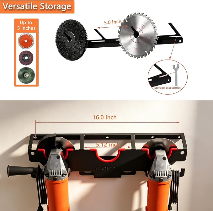 Angle Grinder Holder Wall Mount - Heavy Duty Tool Storage Rack for 5" Grinder, Impact Wrench & Polisher, with Cord Management Hooks & Disc Hooks, Ideal for Workshop & Garage Tool Organization
