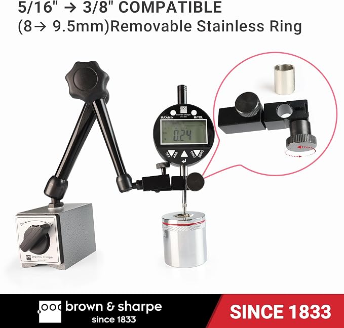 Brown & Sharpe Industrial-Strength Adjustable Magnetic Base Stand for Digital Dial Indicator, Heavy Duty Dial Gage Holder with Swivel clamp, Fine Adjustment, Quick Release