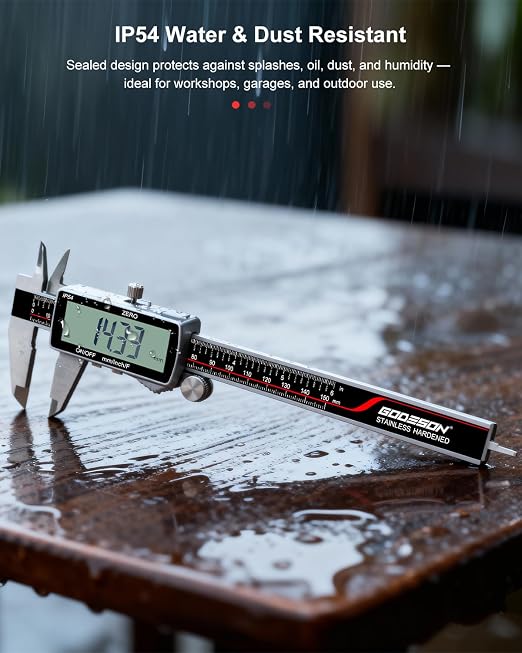 GODESON Digital Caliper, Rechargeable Digital Micrometer-IP54 Waterproof, Stainless Steel & Large LCD Screen Caliper Measuring Tool-Inch/Metric/Fraction,6" Calipers-Auto Off for Pros & DIYers
