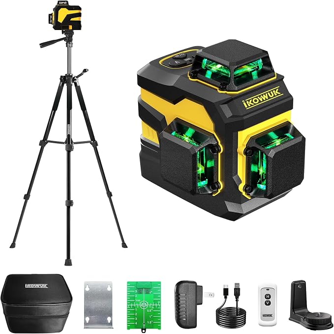 IKOVWUK 3x360° Laser Level with Tripod & Remote, Built-in 5200mAh Battery | Adjustable 59.8-inch Tripod, for Construction and Picture Hanging