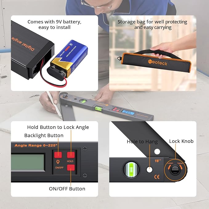 Neoteck 16 inch Digital Angle Finder 225° Aluminum Protractor, LCD Backlight & Bubble Level High Accuracy ±0.5°, Data Hold & Locking Knob, Auto-Off for Woodworking, Construction, Machinery