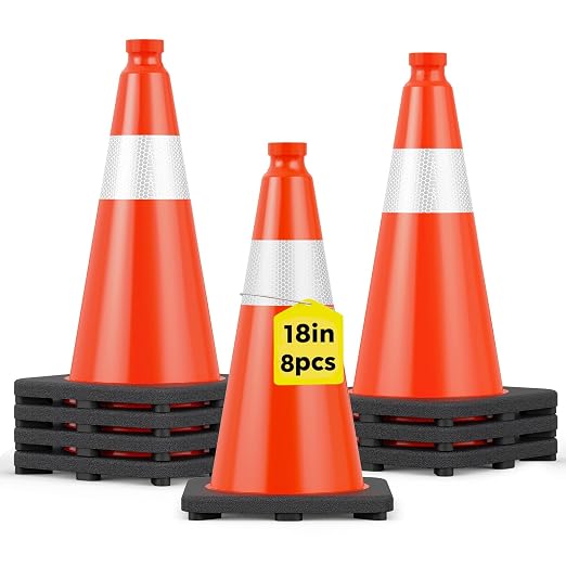 HiGiant 18 Inch Traffic Cones 8 Pack, Orange Safety Cone with Weighted Base, High-Visibility and Impact-Resistant, for Parking, Road Construction, Drivers Training, Driveway