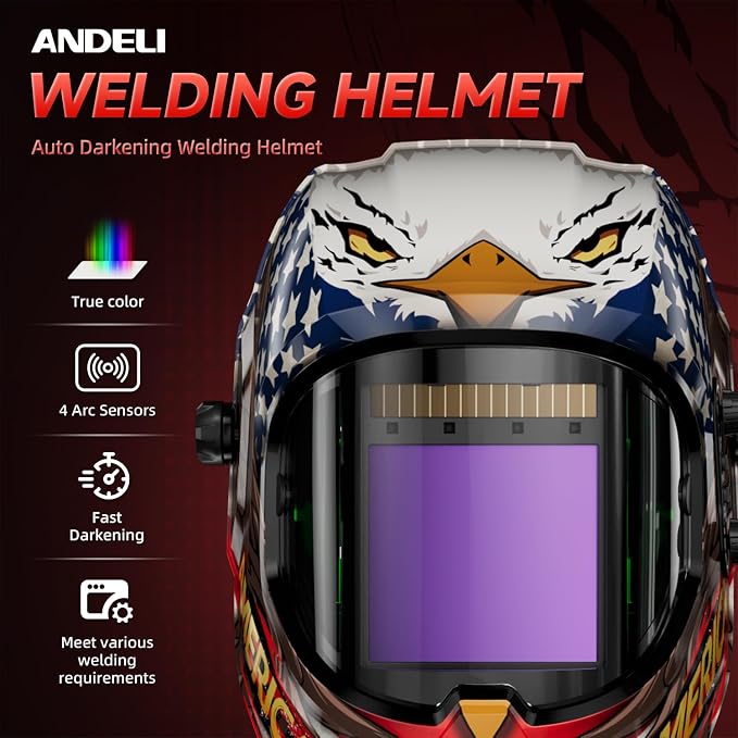 ANDELI Welding Helmet,Panoramic 180° 3.94"X3.74"Large Viewing True Color Solar Powered Auto Darkening Welding Helmet with Side View 4 Arc Sensor 4/5-8/9-13 Welder Mask MONERAE