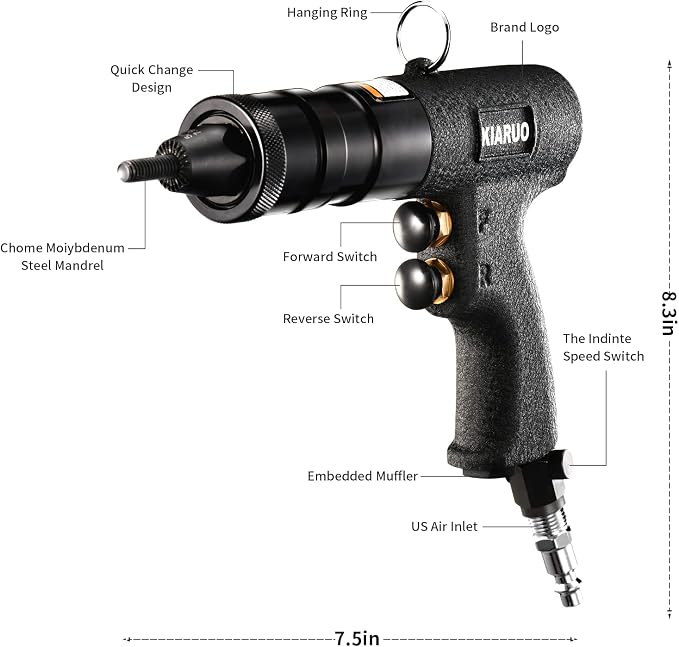 Pneumatic Rivet Nut Gun with Self-locking Head Gun 1/4 & 5/16 & 3/8 Mandrels,Industrial Grade Adjustable Speed Pull Rivnut Gun Model:LM07 Button Switch