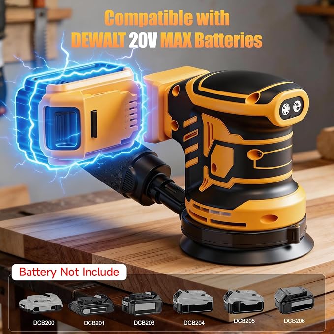 Cordless 5-Inch Random Orbital Sander Compatible with DeWalt 20V Battery (Tool Only), Brushless Electric Sander with Dust Collection, 6 Variable Speeds (7,000–13,500 RPM) for Woodworking & Furniture