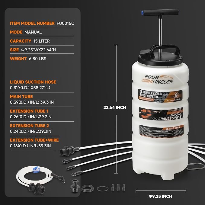 FOUR UNCLES Oil Extractor - Vacumm Fluid Extractor with Pump Tank Remover & Tubes for Oil Change and a Hose for Brake Bleeding