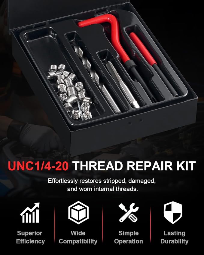 Kolvoii 1/4"-20 Helicoil Thread Repair Kit, SAE UNC 1/4 Inch Standard Helicoil kit with HSS Drill Bit, Tap & Stainless Steel Inserts for Automotive & Stripped Thread Repair