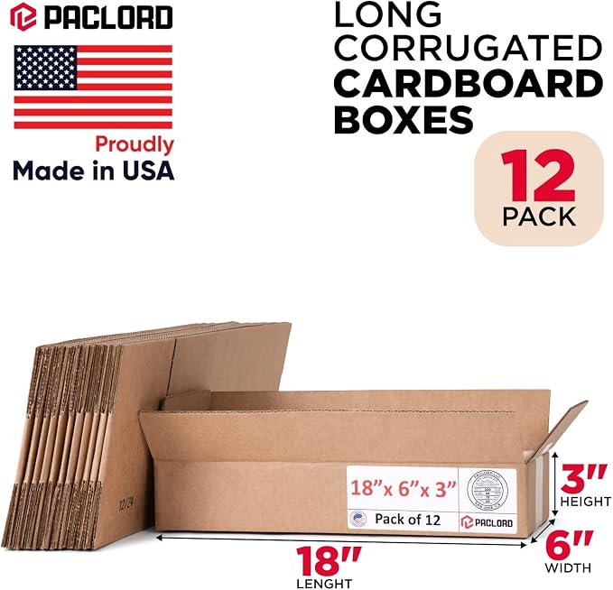 Flat Cardboard Boxes 18"L x 6"W x 3"H (Pack of 12) - USA-Made Packing Boxes for Moving, Shipping, or Storage - USPS, UPS, FedEx Approved - Professional Packing Supplies for Moving | USA-Made Packing Boxes for Moving, Shipping, or Storage - USPS, UPS, F...