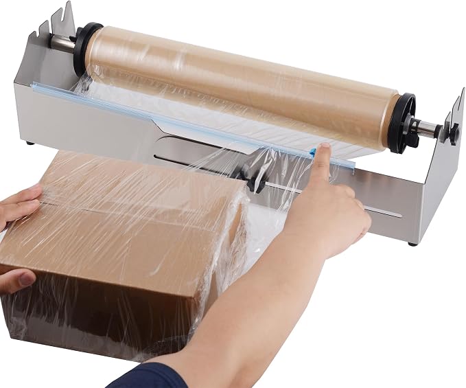 Adjustable Tabletop Stretch Film Dispenser with Cutter, Heavy Duty Stainless Steel Wrapper for 16 to 26 Inch Rolls, Ideal for Warehouse and Shipping Use