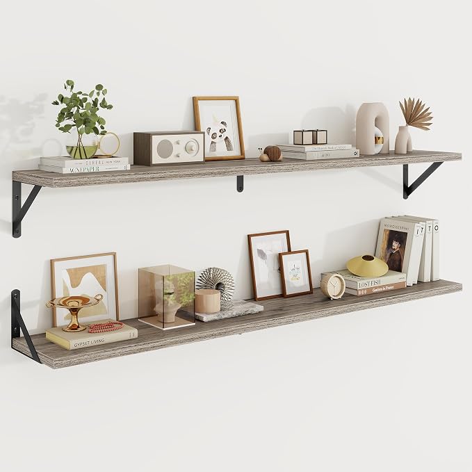 Floating Shelves 8 Inch Deep, 48W x 8D Wall Shelf Set of 2, 70 lbs Heavy Duty Reversible Metal Brackets, Industrial Book Shelf for Living Room Kitchen Bathroom Bedroom Gallery Wall, Grey