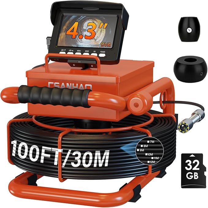 Sewer Camera 100FT/30M Borescopes Plumbing Snake Pipe Inspection Camera DVR & Audio Recorder 17MM with 5600Mah Battery 4.3" IPS Screen 12 LEDs HD 1000TVL 32GB Card