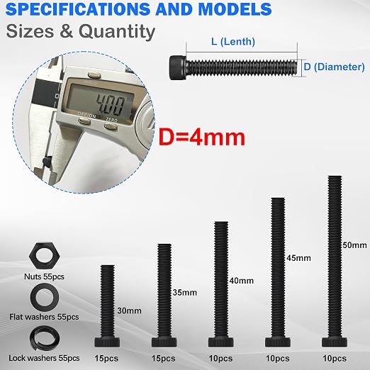 mxuteuk 220PCS M4 Screws Assortment Set,M4 x 30/35/40/45/50mm Hex Socket Head Cap Screws Bolts Nuts Kit,12.9 Grade Alloy Steel M4 Bolts with Hex Wrench