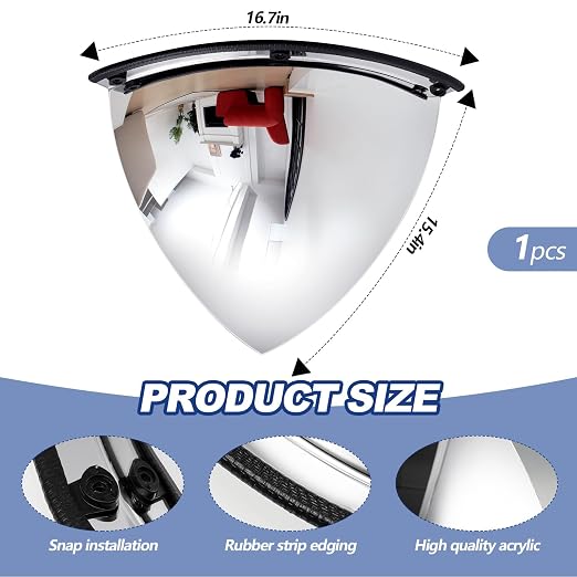 Suzile 1 Pieces 26 Inch Acrylic Quarter Dome Mirror Convex Corner Safety Mirror High Viewing Angle Blindspot for Wall Warehouses Offices Retail Stores Parking Garages