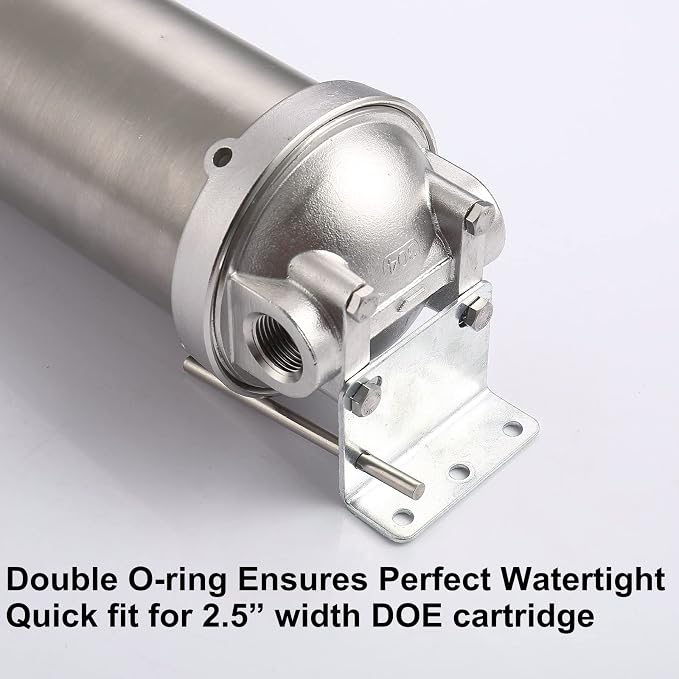 NSF/ANSI 42 Stainless Steel Whole House Water Filter Housing, 20" x 2.5" Sediment Water Filter System for Heavy Duty, Well & City Water, 3/4" NPT Port, Drain Valve Style A(Wing)