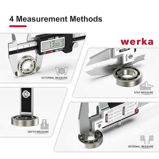 werka Digital Caliper, 0-6” Calipers Measuring Tool, Auto-Off Micrometer Caliper with 0.001”High-Accuracy,Inch/Fraction/Millimeter Conversions Button,4 Measuring Ways, Stainless Steel Construction