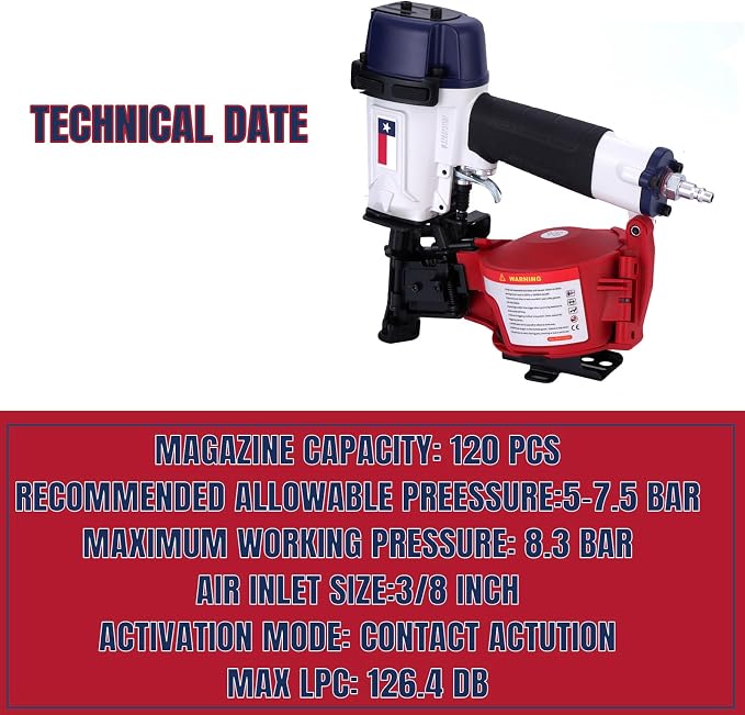 Texas Style CN45N Roofing Nailer, 15 Degree Roofing Nail Gun, 3/4-Inch to 1-3/4-Inch Coil Nails, 120-pcs Load Capacity Coil Nailer