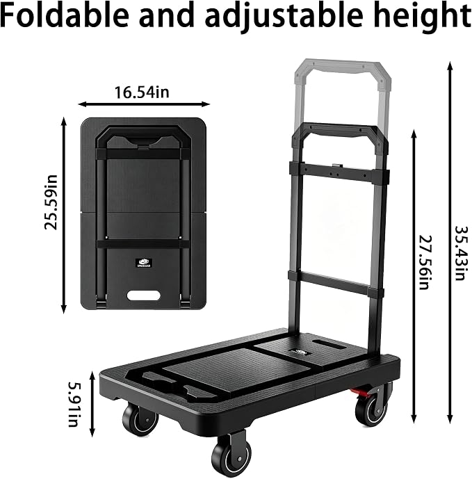SPACELEAD Folding Hand Truck, Heavy-Duty Platform Truck with 330 Lbs Capacity, Collapsible Dolly Cart with 360° Silent Wheels & Telescopic Handle, Portable Moving Cart for Luggage & Office, Black