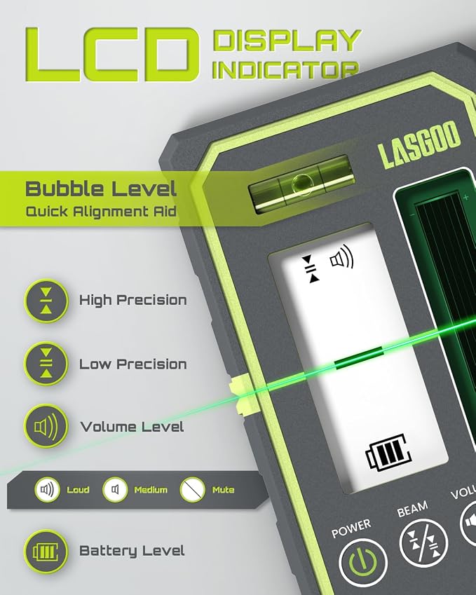 LasGoo LG-3DM Green Beam Laser Level, Self-Leveling 3x360° Cross Line Laser for Construction and Picture Hanging,LasGoo LG-REC03 Laser Detector for Laser Level