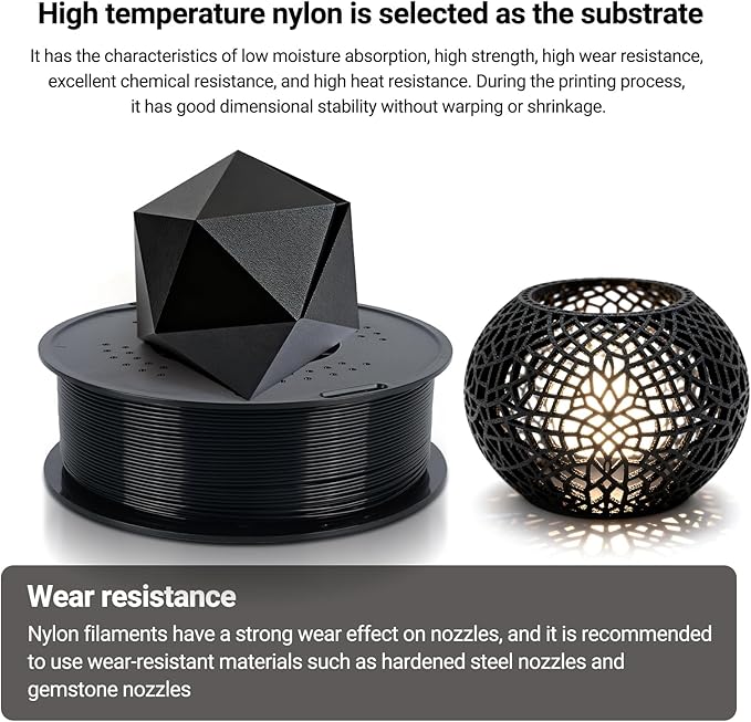 Kingroon PA6 Nylon 3D Printer Filament 1.75mm, 1kg Black Filament, High Strength Filament for Engineering Parts, Dimensional Accuracy +/- 0.03mm