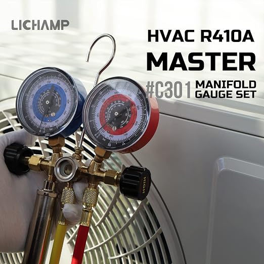 Lichamp HVAC R410a Gauges with Liquid Vaporizer, Vapor Charging Manifold Gauge Set for 410A R404a R22 R32 and Vacuum Pump, HVAC Single Stage Vacuum Pump for R134a R410a R22 R12,1/4 HP 3.5 CFM